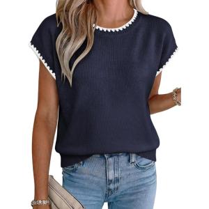 image:imageAcelitt Womens Contrast Ruffle Trim Knit Top Crew Neck Cap Sleeve Lightweight Sweater Vest Casual Loose Fit Pullover BlouseNavy Blue