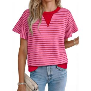 image:imageAcelitt Womens Short Sleeve Knit Tops 2025 Trendy Crewneck Striped T Shirts Casual Summer Blouses OutfitsV Rose