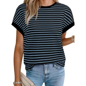 image:imageAcelitt Womens Short Sleeve Knit Tops 2025 Trendy Crewneck Striped T Shirts Casual Summer Blouses OutfitsZblack and Blue Striped