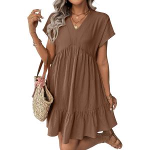 image:imageAcelitt Womens Summer Dresses 2026 Beach Casual Deep V Neck Loose Sundress Short Sleeve Mini Dress with PocketsSize DownChestnut