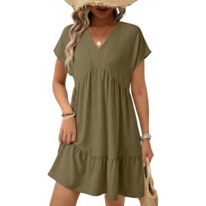 image:imageAcelitt Womens Summer Dresses 2026 Beach Casual Deep V Neck Loose Sundress Short Sleeve Mini Dress with PocketsSize DownFour Leaf Clover