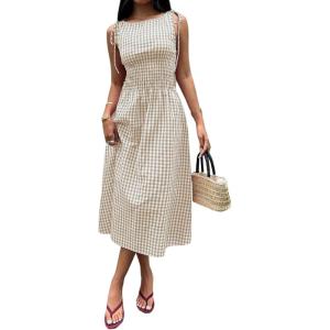 image:imageAcelitt Summer Maxi Dresses for Women 2026 Smocked Waist Gingham Dress Flowy A Line Beach Long Sundresses with PocketsParchment