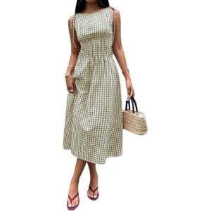 image:imageAcelitt Summer Maxi Dresses for Women 2026 Smocked Waist Gingham Dress Flowy A Line Beach Long Sundresses with PocketsSage Green