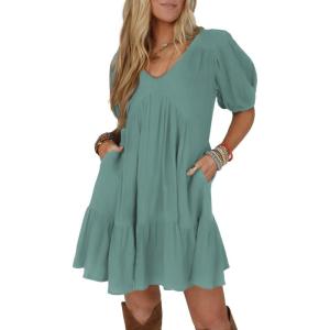 image:imageAcelitt Womens Summer Dresses 2026 Beach Casual Deep V Neck Loose Sundress Short Sleeve Mini DressGrass Green