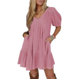 image:imageAcelitt Womens Summer Dresses 2026 Beach Casual Deep V Neck Loose Sundress Short Sleeve Mini DressPink