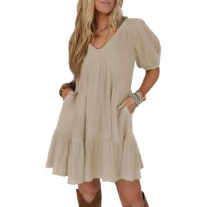 image:imageAcelitt Womens Summer Dresses 2026 Beach Casual Deep V Neck Loose Sundress Short Sleeve Mini DressXparchment