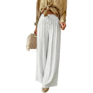 image:imageAcelitt Women Casual Drawstring Elastic Waist Striped Wide Leg Pants with Pockets SXXLLight Gray