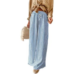 image:imageAcelitt Women Casual Drawstring Elastic Waist Striped Wide Leg Pants with Pockets SXXLNavy Blue