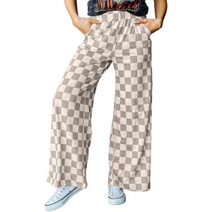 image:imageAcelitt Womens Casual Checkered Pants Elastic Waist Comfy Loose Wide Leg Pants with PocketsBeige
