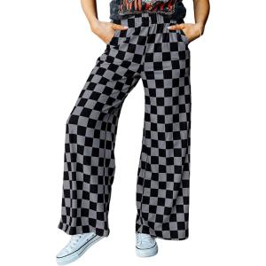 image:imageAcelitt Womens Casual Checkered Pants Elastic Waist Comfy Loose Wide Leg Pants with PocketsGray