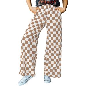image:imageAcelitt Womens Casual Checkered Pants Elastic Waist Comfy Loose Wide Leg Pants with PocketsKhaki
