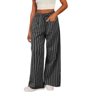 image:imageAcelitt Women Casual Drawstring Elastic Waist Loose Wide Leg Striped Pants with Pockets SXXLT Black