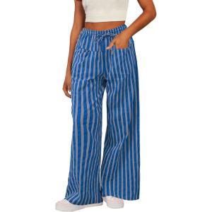 image:imageAcelitt Women Casual Drawstring Elastic Waist Loose Wide Leg Striped Pants with Pockets SXXLT Blue