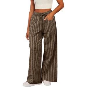 image:imageAcelitt Women Casual Drawstring Elastic Waist Loose Wide Leg Striped Pants with Pockets SXXLT Brown