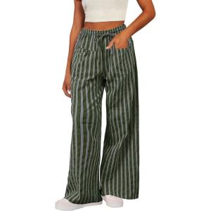 image:imageAcelitt Women Casual Drawstring Elastic Waist Loose Wide Leg Striped Pants with Pockets SXXLT Green