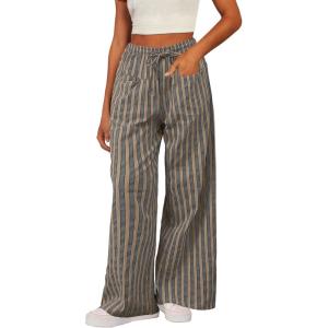 image:imageAcelitt Women Casual Drawstring Elastic Waist Loose Wide Leg Striped Pants with Pockets SXXLT Khaki