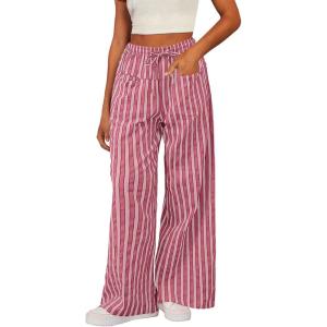 image:imageAcelitt Women Casual Drawstring Elastic Waist Loose Wide Leg Striped Pants with Pockets SXXLT Pink
