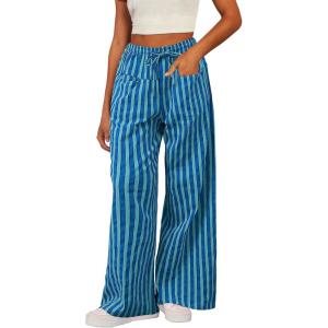 image:imageAcelitt Women Casual Drawstring Elastic Waist Loose Wide Leg Striped Pants with Pockets SXXLT Sky Blue
