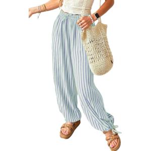image:imageAcelitt Women Casual Striped Wide Leg Pants Drawstring Elastic Waist Fashion 2026 Summer Lounge Trousers Pants Sky Blue XL