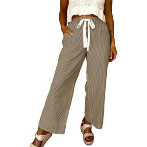 image:imageAcelitt Women Elastic Waist High Striped Pants SXXLBeige