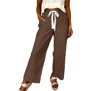 image:imageAcelitt Women Elastic Waist High Striped Pants SXXLBrown