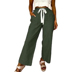 image:imageAcelitt Women Elastic Waist High Striped Pants SXXLDark Green
