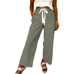 image:imageAcelitt Women Elastic Waist High Striped Pants SXXLGreen