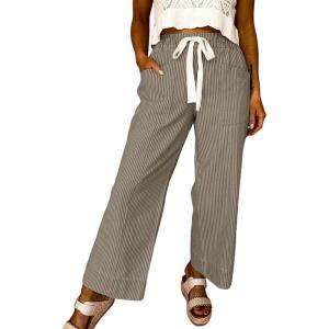 image:imageAcelitt Women Elastic Waist High Striped Pants SXXLKhaki