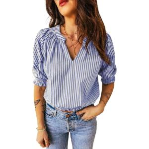 image:imageAcelitt Women Striped Puff Sleeve Shirts SXXLBlue