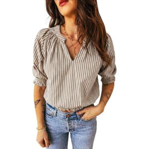 image:imageAcelitt Women Striped Puff Sleeve Shirts SXXLBrown