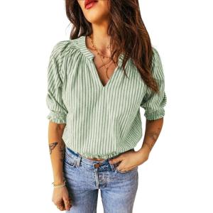 image:imageAcelitt Women Striped Puff Sleeve Shirts SXXLGreen