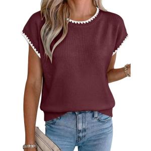 image:imageAcelitt Womens Contrast Ruffle Trim Knit Top Crew Neck Cap Sleeve Lightweight Sweater Vest Casual Loose Fit Pullover BlouseBurgundy