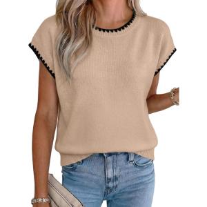 image:imageAcelitt Womens Contrast Ruffle Trim Knit Top Crew Neck Cap Sleeve Lightweight Sweater Vest Casual Loose Fit Pullover BlouseLight Beige