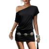 image:imageAcelitt Summer Off the Shoulder Dress Short Sleeve Ruched Bodycon Cocktail Party Mini T Shirt DressBlack