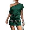 image:imageAcelitt Summer Off the Shoulder Dress Short Sleeve Ruched Bodycon Cocktail Party Mini T Shirt DressBlackish Green