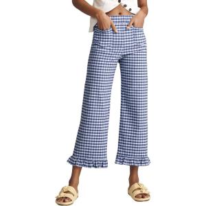 image:imageAcelitt Womens Gingham Pants Summer Casual Elastic Waist Straight Leg Ruffle Hem Stretchy Cropped Trousers with Pockets02blue