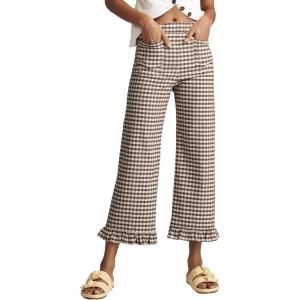 image:imageAcelitt Womens Gingham Pants Summer Casual Elastic Waist Straight Leg Ruffle Hem Stretchy Cropped Trousers with Pockets02brown