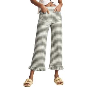 image:imageAcelitt Womens Gingham Pants Summer Casual Elastic Waist Straight Leg Ruffle Hem Stretchy Cropped Trousers with Pockets02green