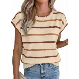 image:imageAcelitt Womens Contrast Ruffle Trim Knit Top Crew Neck Cap Sleeve Lightweight Sweater Vest Casual Loose Fit Pullover BlouseZapricot