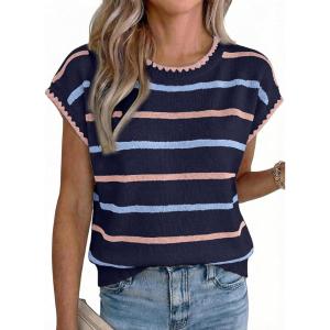 image:imageAcelitt Womens Contrast Ruffle Trim Knit Top Crew Neck Cap Sleeve Lightweight Sweater Vest Casual Loose Fit Pullover BlouseZblue