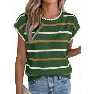 image:imageAcelitt Womens Contrast Ruffle Trim Knit Top Crew Neck Cap Sleeve Lightweight Sweater Vest Casual Loose Fit Pullover BlouseZgreen
