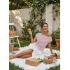 image:imageAcelitt Womens Striped Off Shoulder T Shirt Casual Short Sleeve Boat Neck Ruched Summer Tops Loose Fit Asymmetrical BlouseBlue Stripe