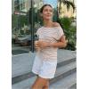 image:imageAcelitt Womens Striped Off Shoulder T Shirt Casual Short Sleeve Boat Neck Ruched Summer Tops Loose Fit Asymmetrical BlouseBrown Stripe