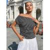 image:imageAcelitt Womens Striped Off Shoulder T Shirt Casual Short Sleeve Boat Neck Ruched Summer Tops Loose Fit Asymmetrical BlouseWhite Stripe