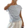 image:imageAcelitt Womens Striped Off Shoulder T Shirt Casual Short Sleeve Boat Neck Ruched Summer Tops Loose Fit Asymmetrical BlouseBlue Stripe