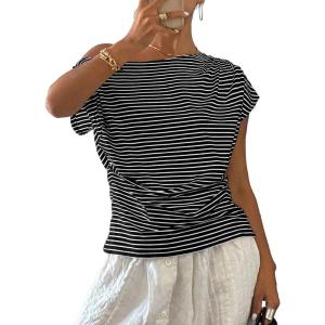 image:imageAcelitt Womens Striped Off Shoulder T Shirt Casual Short Sleeve Boat Neck Ruched Summer Tops Loose Fit Asymmetrical BlouseBlack Stripe
