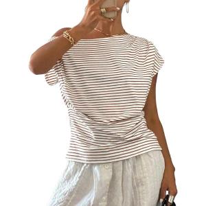 image:imageAcelitt Womens Striped Off Shoulder T Shirt Casual Short Sleeve Boat Neck Ruched Summer Tops Loose Fit Asymmetrical BlouseBrown Stripe