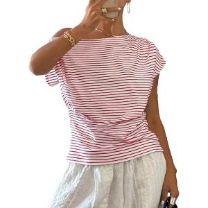 image:imageAcelitt Womens Striped Off Shoulder T Shirt Casual Short Sleeve Boat Neck Ruched Summer Tops Loose Fit Asymmetrical BlouseRed Stripe