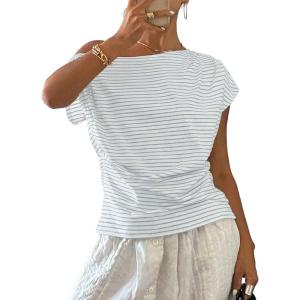 image:imageAcelitt Womens Striped Off Shoulder T Shirt Casual Short Sleeve Boat Neck Ruched Summer Tops Loose Fit Asymmetrical BlouseSky Blue Stripe