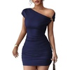 image:imageAcelitt Summer Off the Shoulder Dresses for Women 2026 Short Sleeve Ruched Bodycon Cocktail Party Knit Mini DressBlue